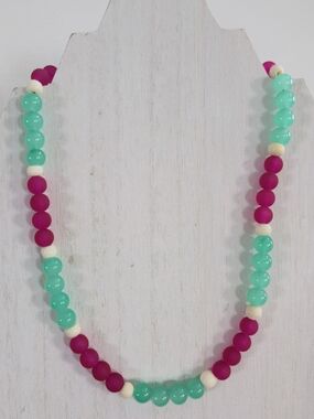 Handmade Women’s Pink & Aqua Beaded Necklace - 17"
